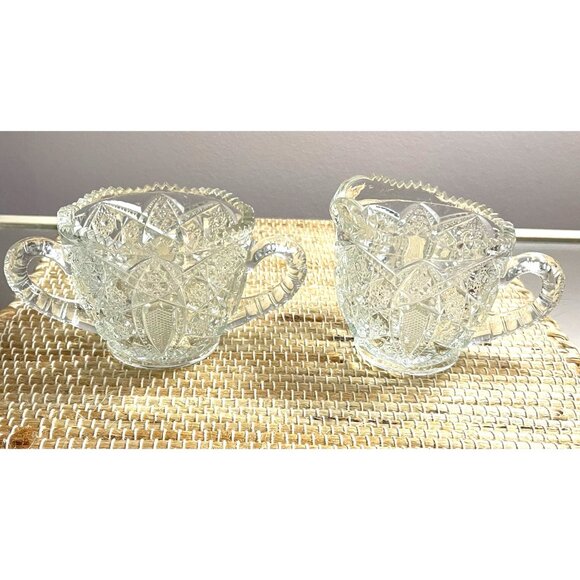 Vintage Glass Cream & Sugar Set Starburst & Stars Pattern - Picture 1 of 3